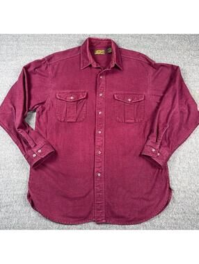 Eddie Bauer Chamois Flannel Shirt Mens LARGE Vintage Burgundy 100% Cotton USA